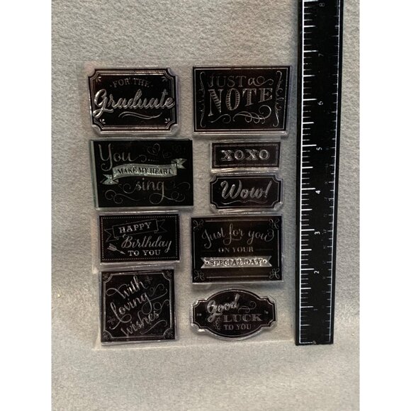 9-Piece Clear Sentiment Stamp Set - "Just A Note" "Wow" "Happy Birthday" "Good L - Picture 4 of 5
